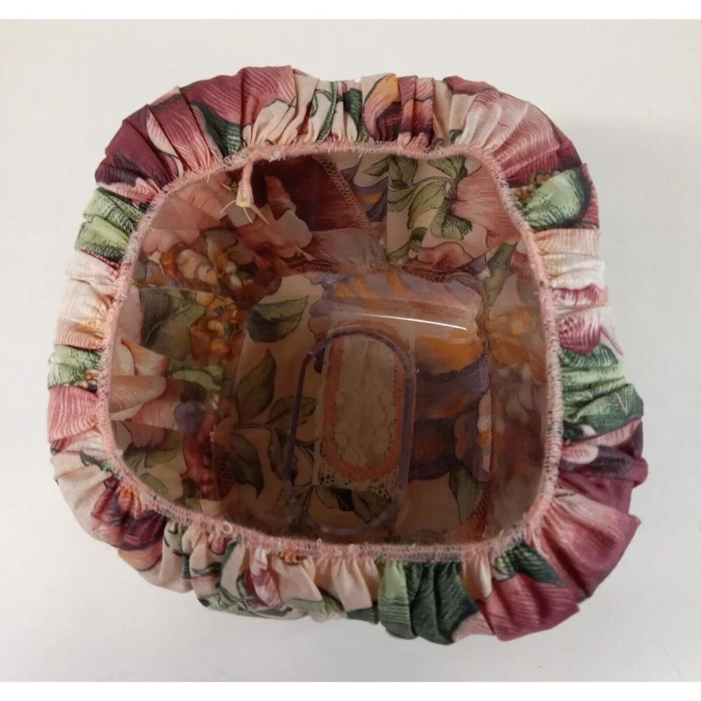 Tissue Box Cover 2 Piece Cloth Floral Cover Over Clear Plastic 5.5